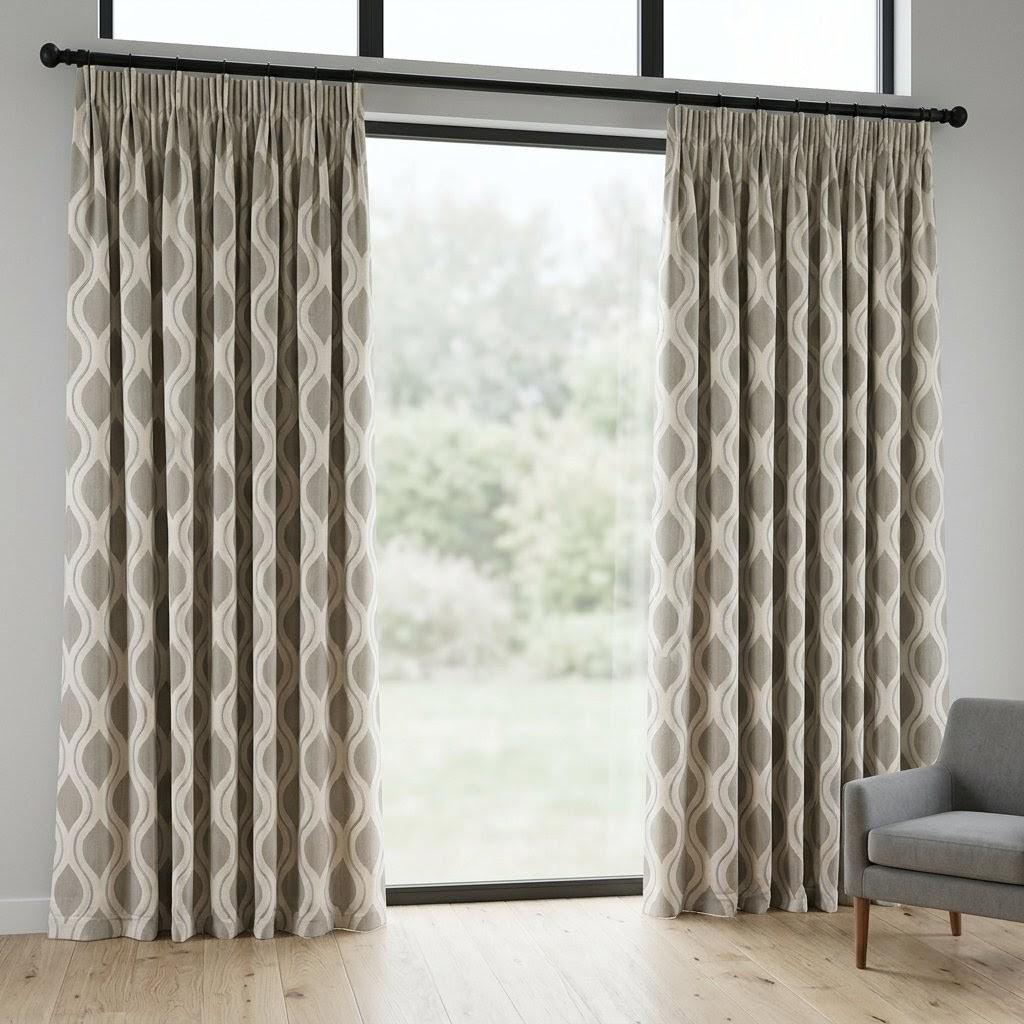 Taupe Grey Embroidered Ogee Linen Curtains, Custom Geometric Trellis Drapes (Blackout Lined) — image 3