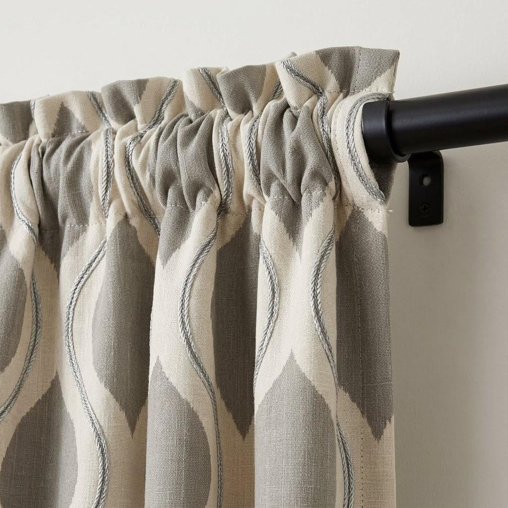 Taupe Grey Embroidered Ogee Linen Curtains, Custom Geometric Trellis Drapes (Blackout Lined) — image 6