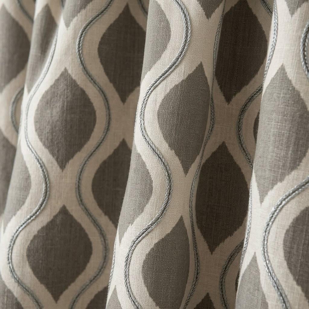 Taupe Grey Embroidered Ogee Linen Curtains, Custom Geometric Trellis Drapes (Blackout Lined) — image 5
