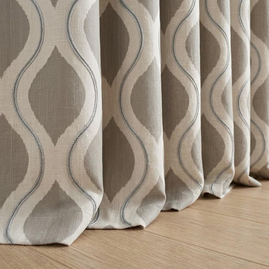 Taupe Grey Embroidered Ogee Linen Curtains, Custom Geometric Trellis Drapes (Blackout Lined) — image 1