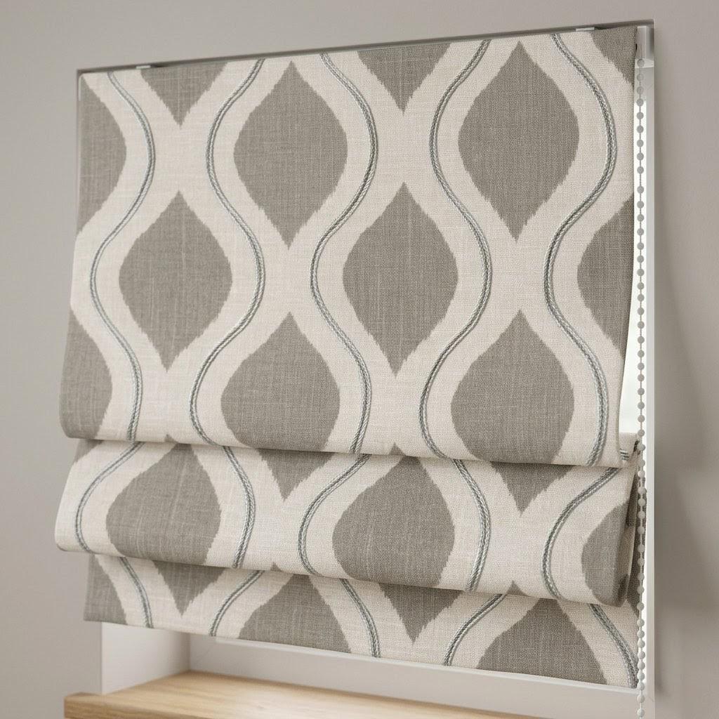 Custom Linen Roman Shades, Grey Ogee Geometric Embroidered Window Blinds (Blackout/Light Filtering) — image 4