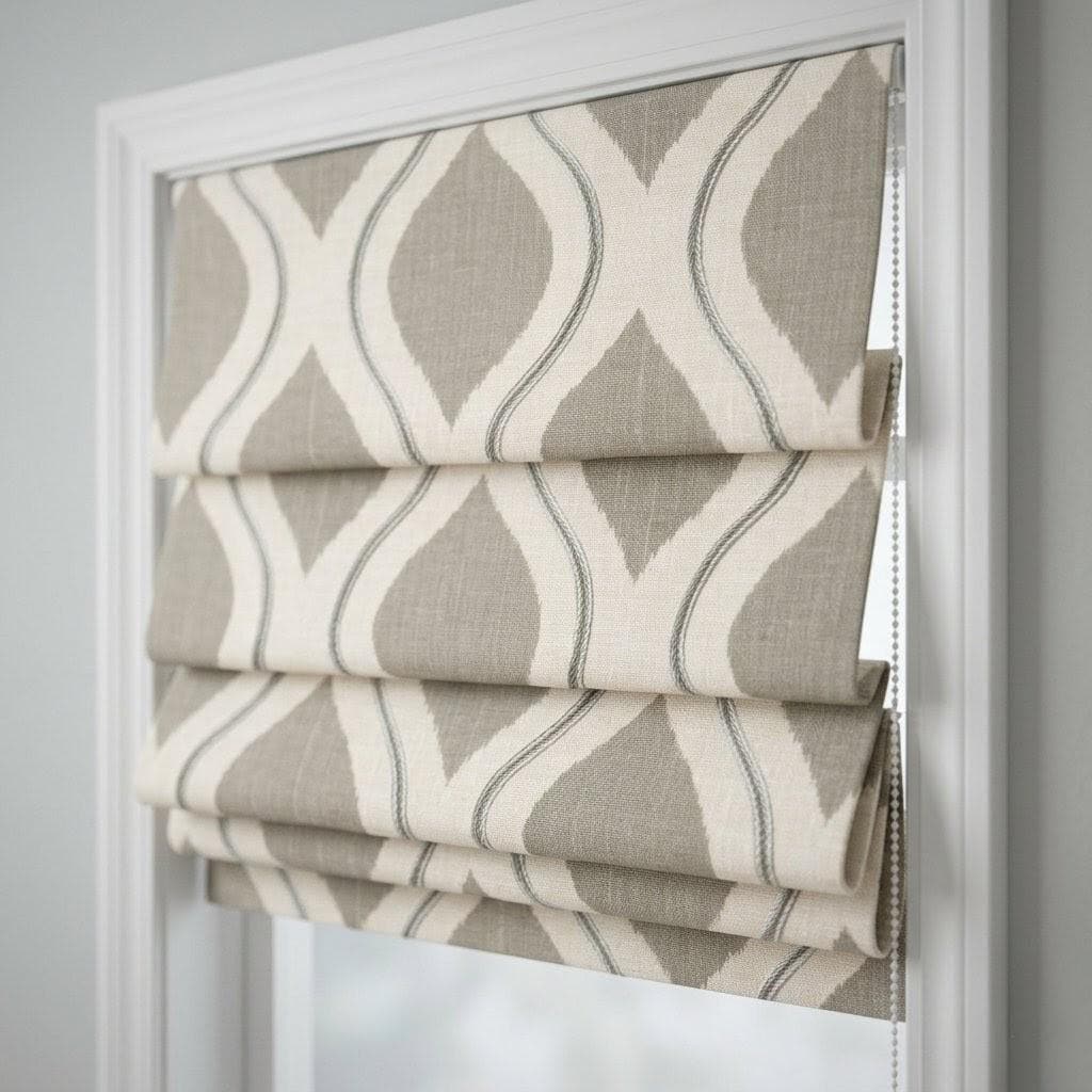 Custom Linen Roman Shades, Grey Ogee Geometric Embroidered Window Blinds (Blackout/Light Filtering) — image 8