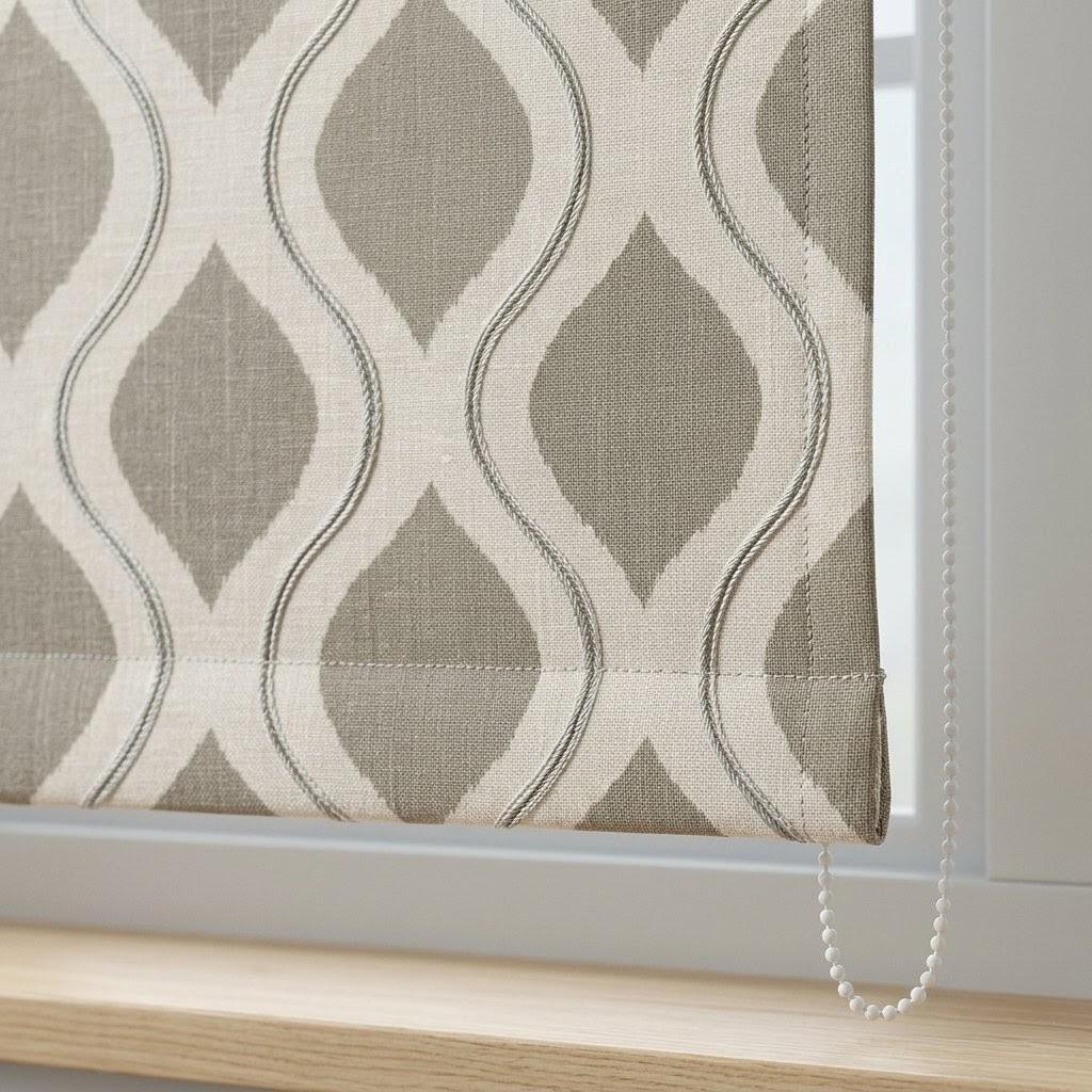 Custom Linen Roman Shades, Grey Ogee Geometric Embroidered Window Blinds (Blackout/Light Filtering) — image 2