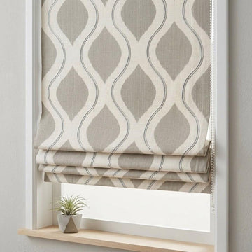 Custom Linen Roman Shades, Grey Ogee Geometric Embroidered Window Blinds (Blackout/Light Filtering) — image 1