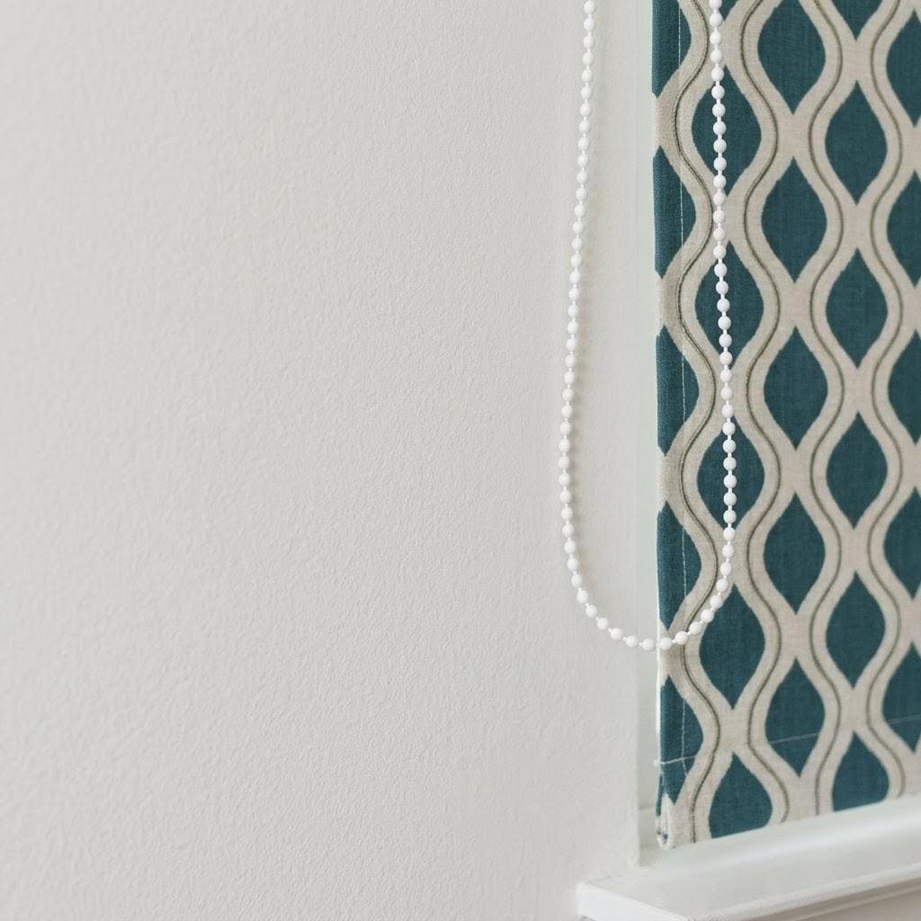 Teal Blue Geometric Linen Roman Shade, Ivory Embroidered Ogee Blind, Custom Window Treatment — image 7