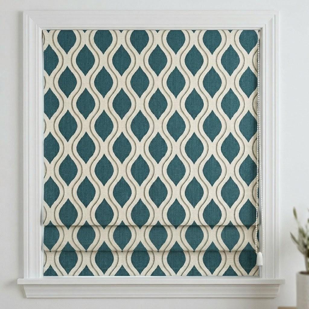 Teal Blue Geometric Linen Roman Shade, Ivory Embroidered Ogee Blind, Custom Window Treatment — image 5