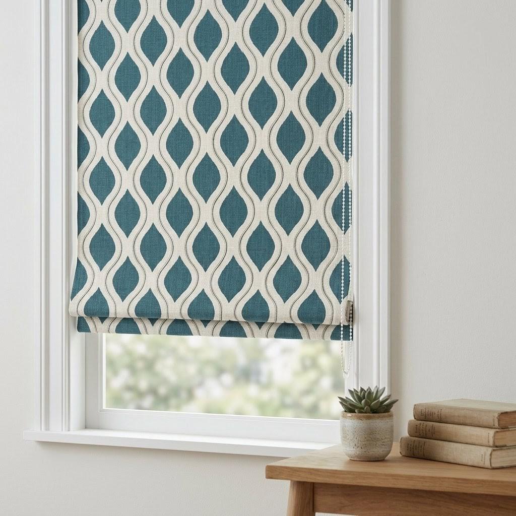Teal Blue Geometric Linen Roman Shade, Ivory Embroidered Ogee Blind, Custom Window Treatment — image 1