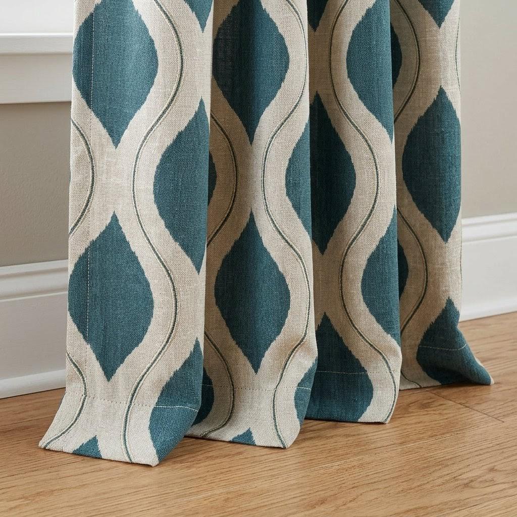 Teal Blue Ivory Linen Curtains, Printed Embroidered Geometric Ogee Drapes — image 1