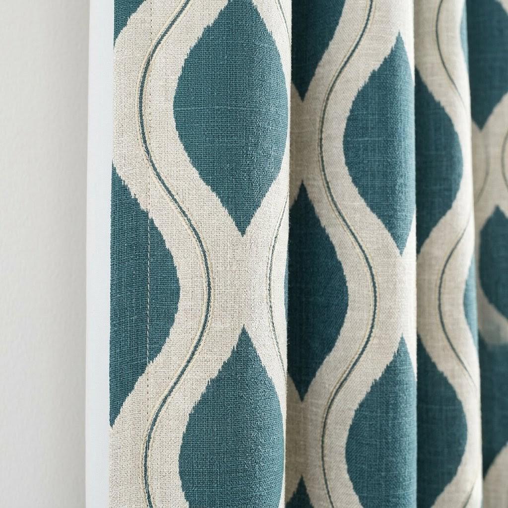 Teal Blue Ivory Linen Curtains, Printed Embroidered Geometric Ogee Drapes — image 1
