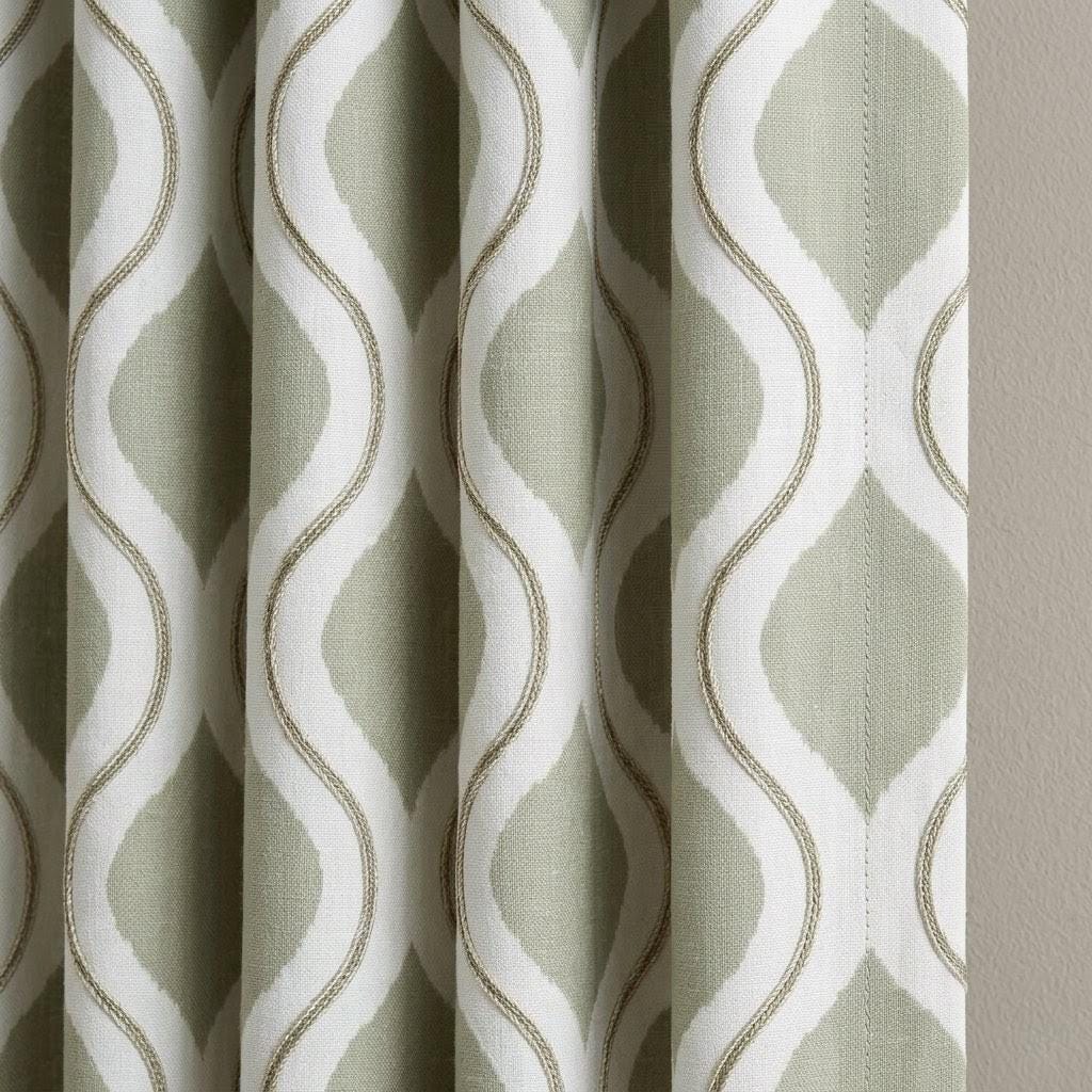 Sage Green Ivory Linen Curtains, Embroidered Ogee Geometric Window Panels — image 1