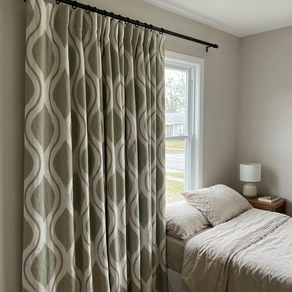 Sage Green Ivory Linen Curtains, Embroidered Ogee Geometric Window Panels — image 1