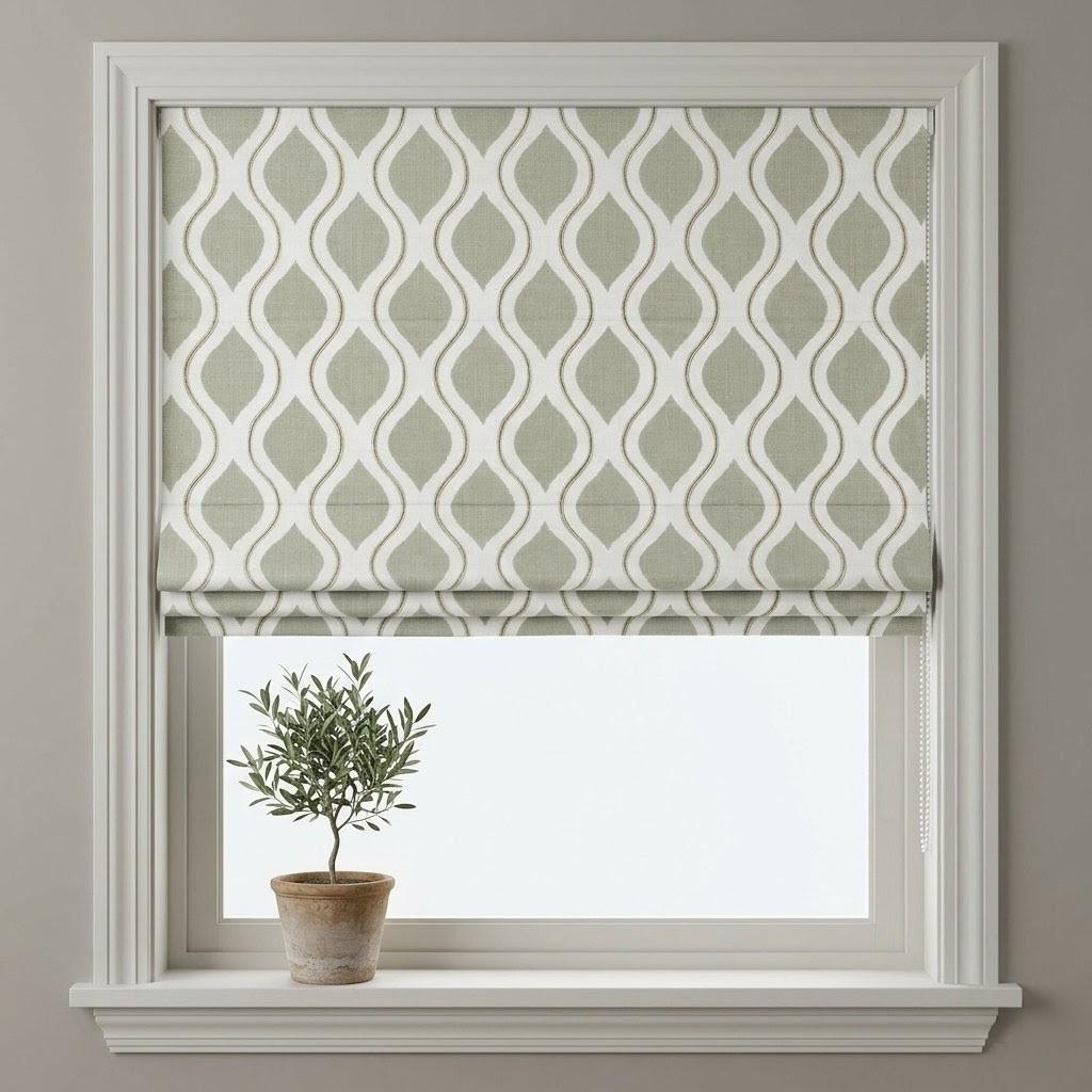 Sage Green Ivory Linen Roman Shade, Embroidered Ogee Geometric Blind — image 5