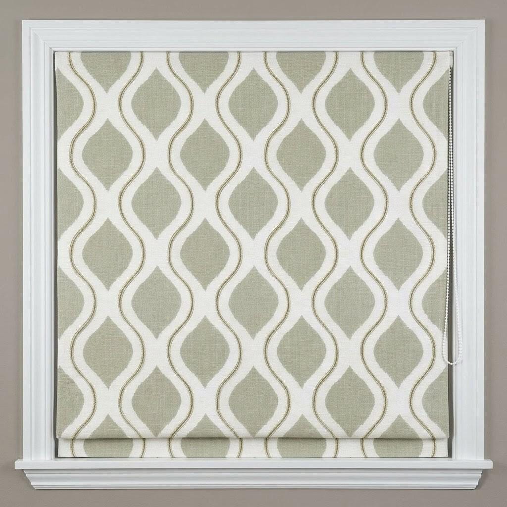 Sage Green Ivory Linen Roman Shade, Embroidered Ogee Geometric Blind — image 1