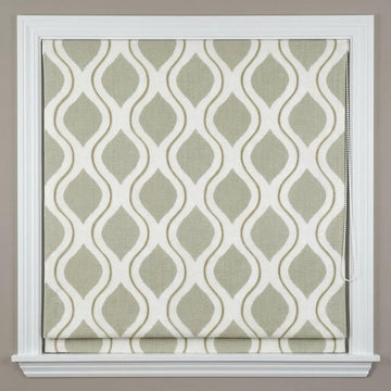 Sage Green Ivory Linen Roman Shade, Embroidered Ogee Geometric Blind — image 1