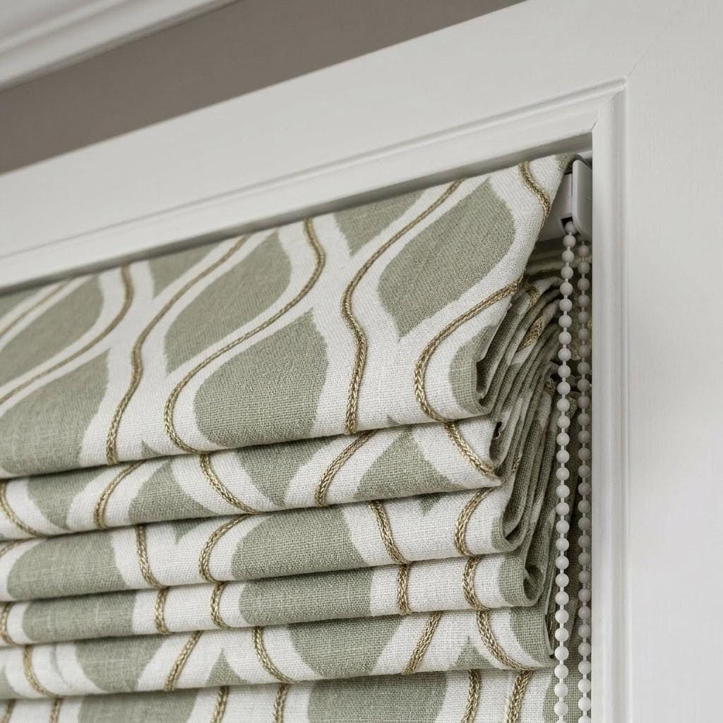 Sage Green Ivory Linen Roman Shade, Embroidered Ogee Geometric Blind — image 4