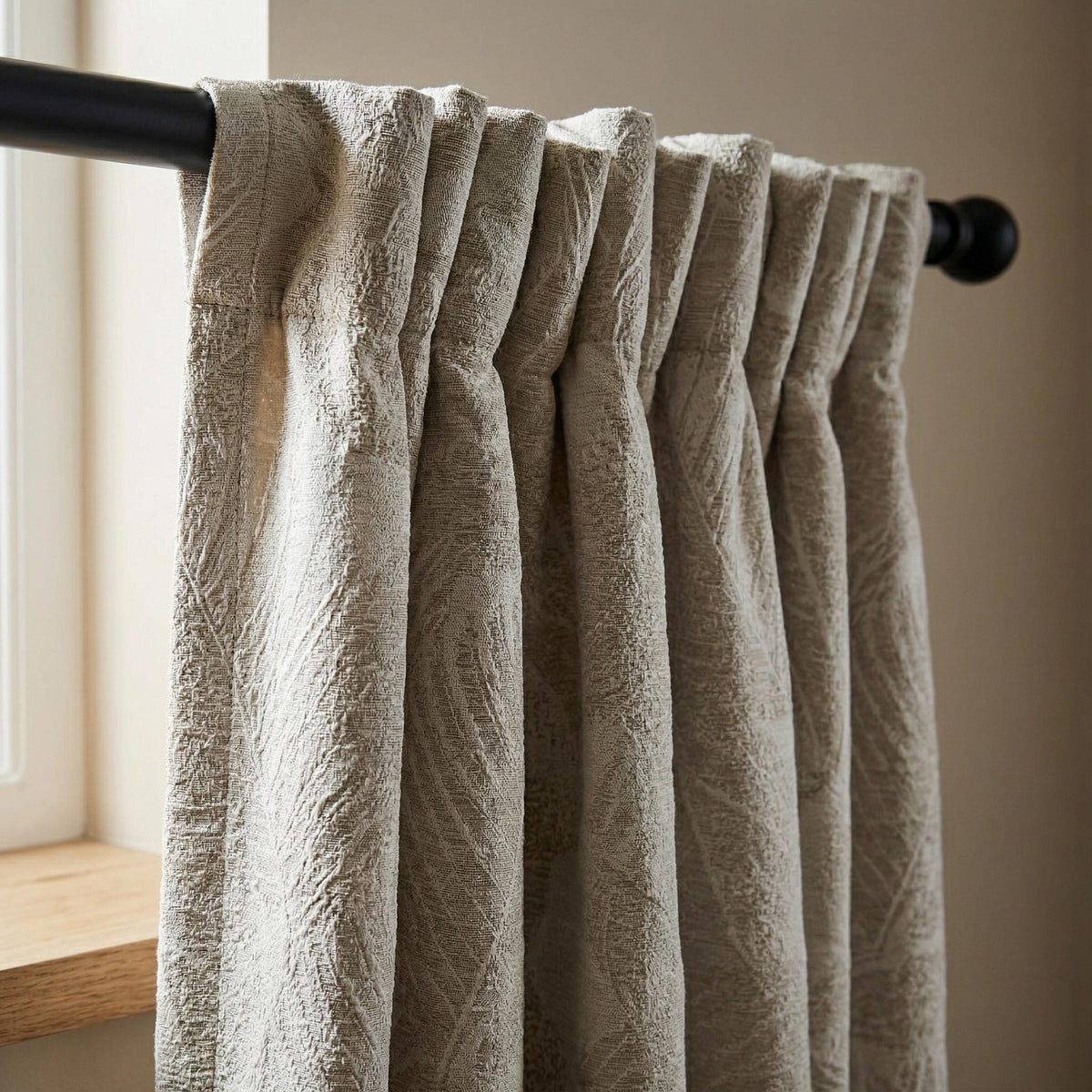 Oatmeal Linen Jacquard Leaf Curtains: Botanical Woven Botanical Window Panels — image 3