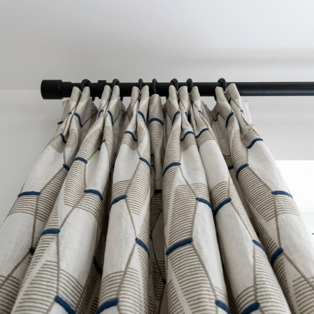 Pure Linen Geometric Embroidered Curtains, Ivory Taupe Navy Drapes, Custom Window Panels — image 8