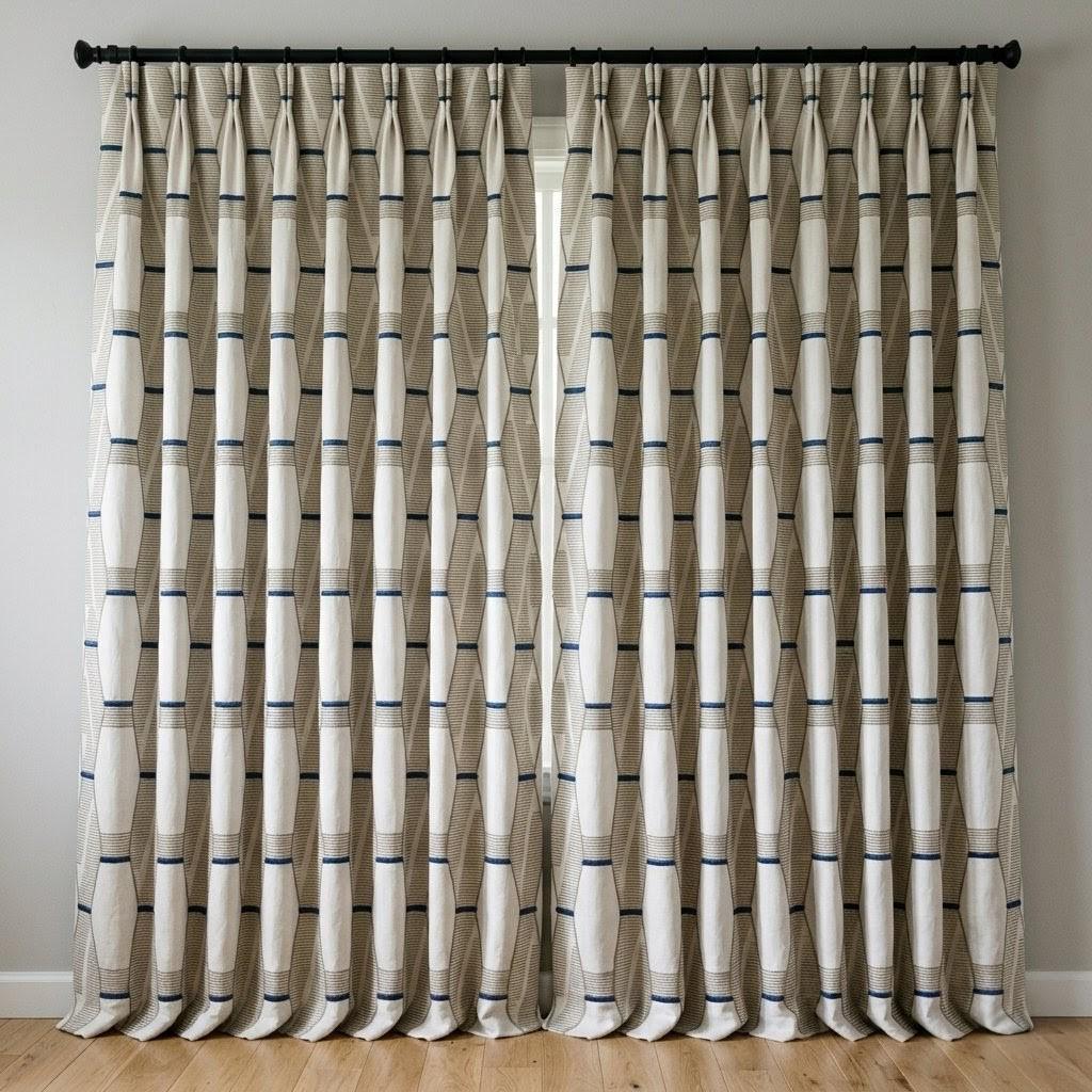 Pure Linen Geometric Embroidered Curtains, Ivory Taupe Navy Drapes, Custom Window Panels — image 9