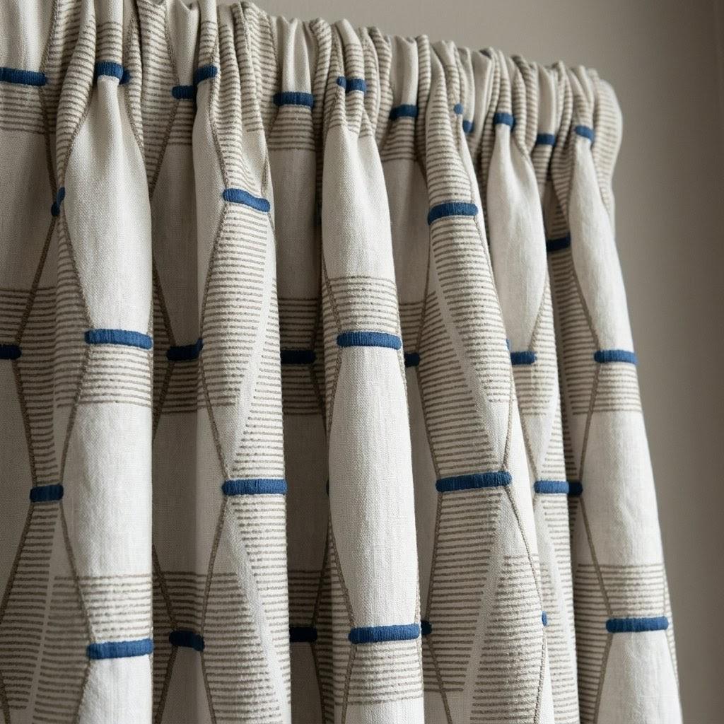 Pure Linen Geometric Embroidered Curtains, Ivory Taupe Navy Drapes, Custom Window Panels — image 3