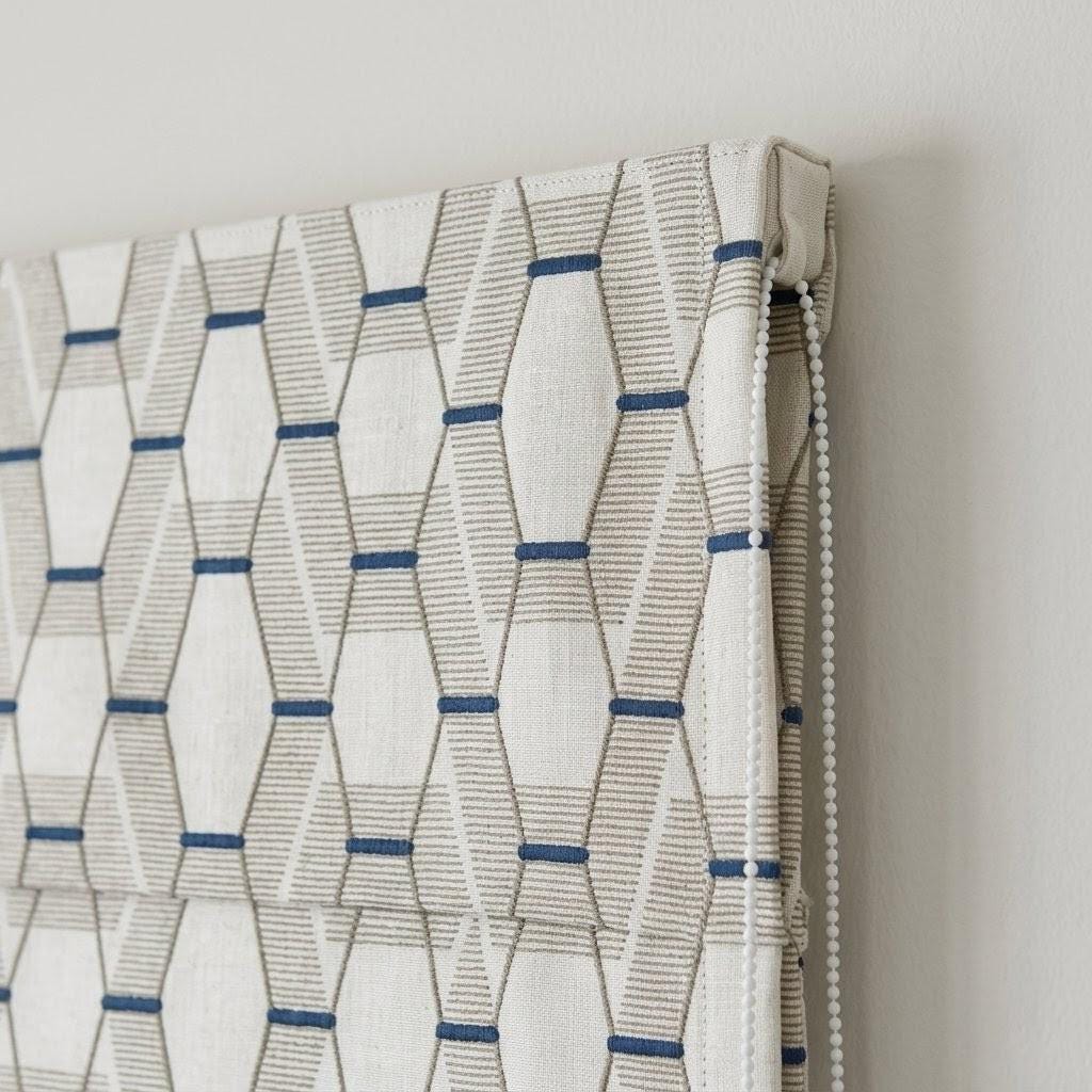 Embroidered Linen Roman Shade, Geometric Taupe Navy Window Blind, Custom Corded Shade — image 6