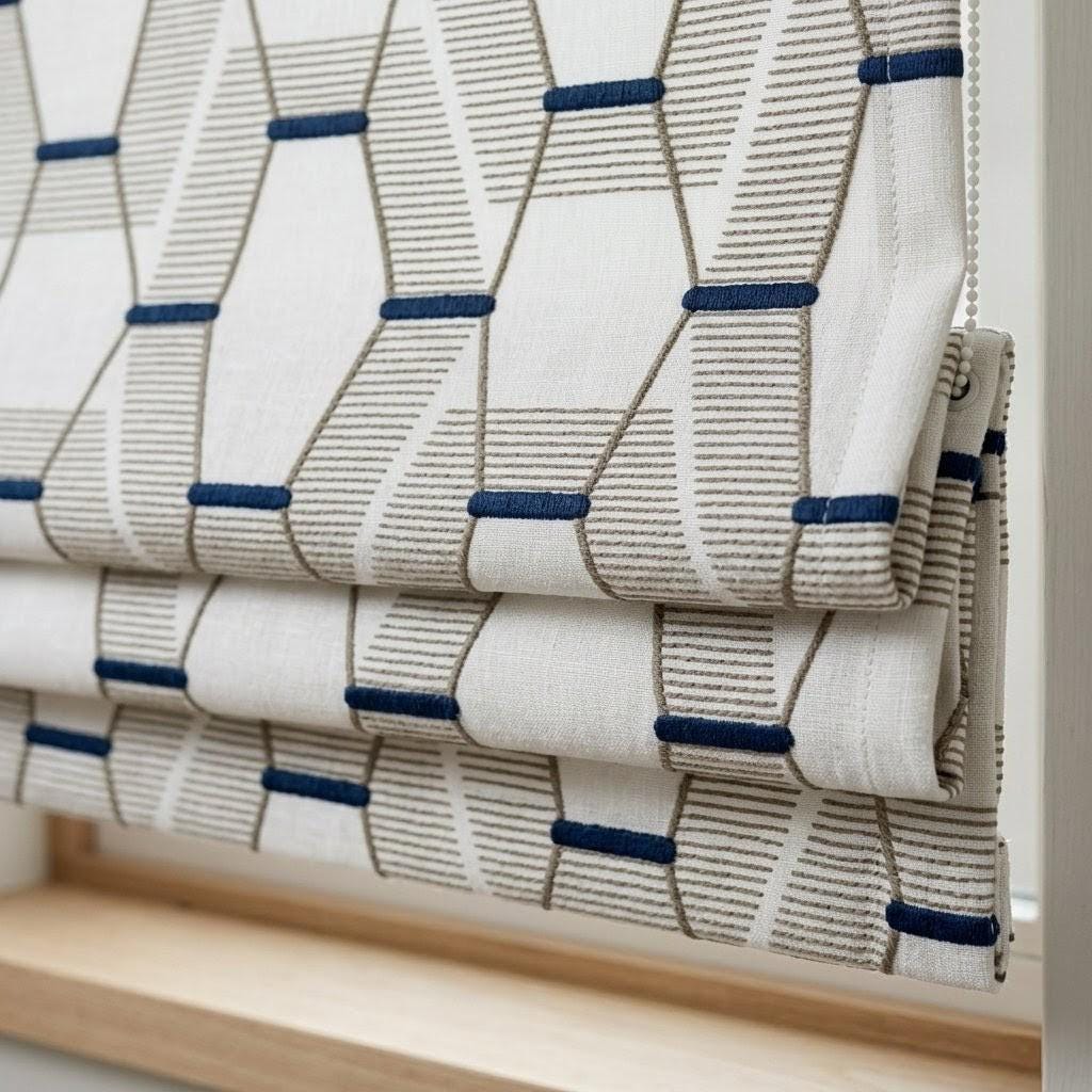 Embroidered Linen Roman Shade, Geometric Taupe Navy Window Blind, Custom Corded Shade — image 1