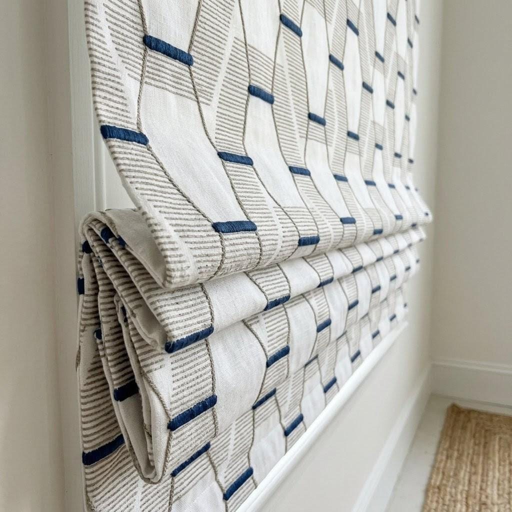 Embroidered Linen Roman Shade, Geometric Taupe Navy Window Blind, Custom Corded Shade — image 4