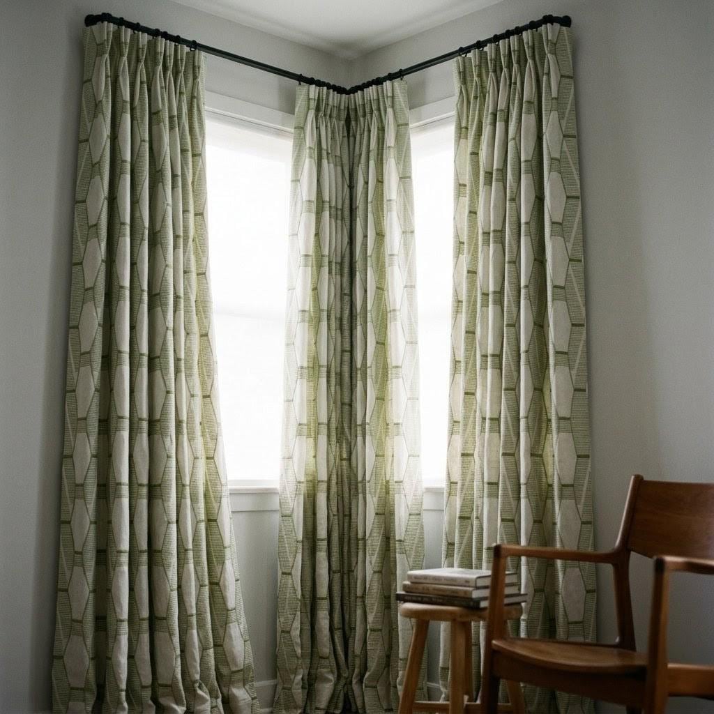 Sage Olive Green Geometric Embroidered Linen Curtains, Ivory 300 GSM Custom Drapes — image 3