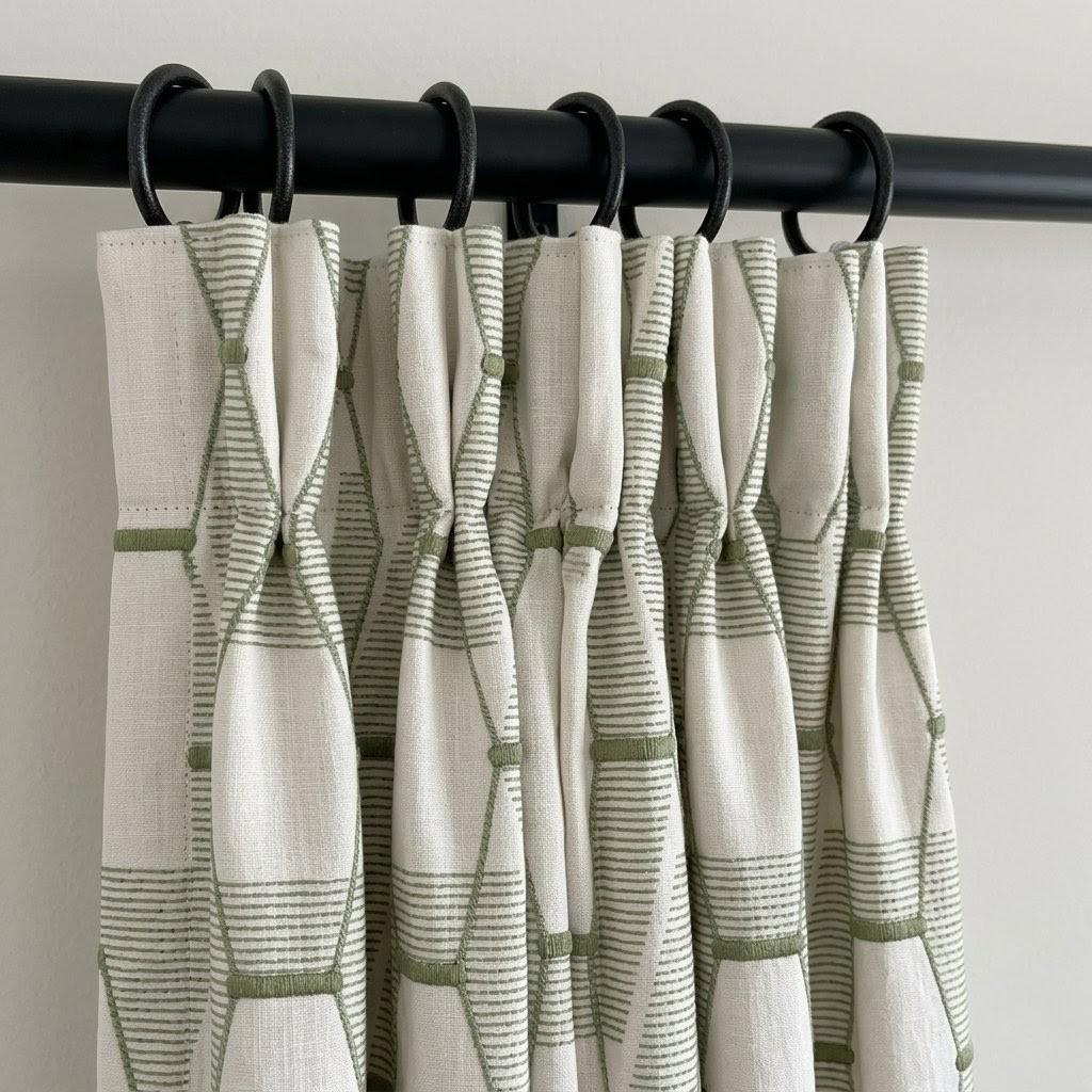 Sage Olive Green Geometric Embroidered Linen Curtains, Ivory 300 GSM Custom Drapes — image 6