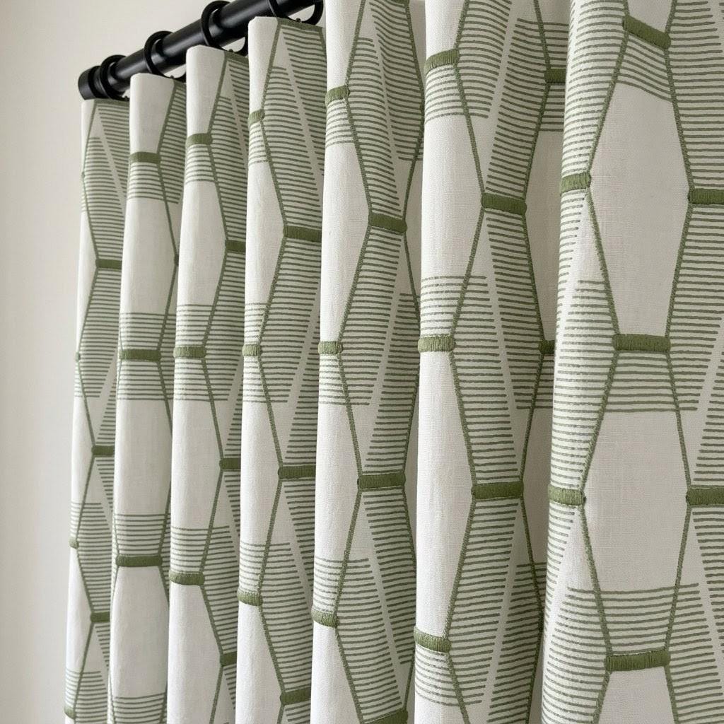 Sage Olive Green Geometric Embroidered Linen Curtains, Ivory 300 GSM Custom Drapes — image 4