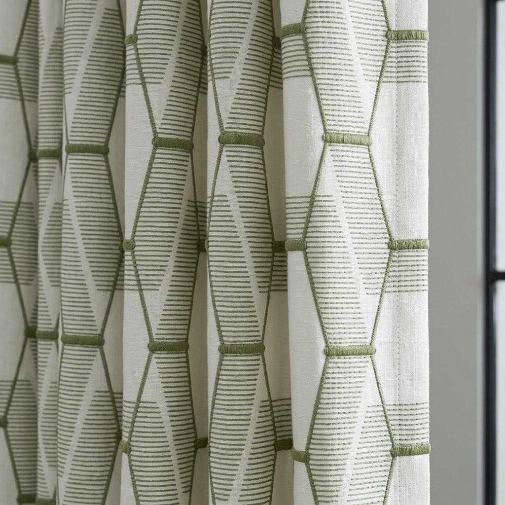 Sage Olive Green Geometric Embroidered Linen Curtains, Ivory 300 GSM Custom Drapes — image 1