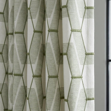 Sage Olive Green Geometric Embroidered Linen Curtains, Ivory 300 GSM Custom Drapes — image 1