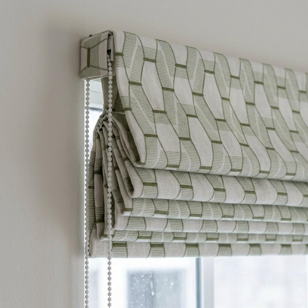 Sage Olive Green Geometric Embroidered Linen Roman Shade, Custom Corded Window Blind — image 4