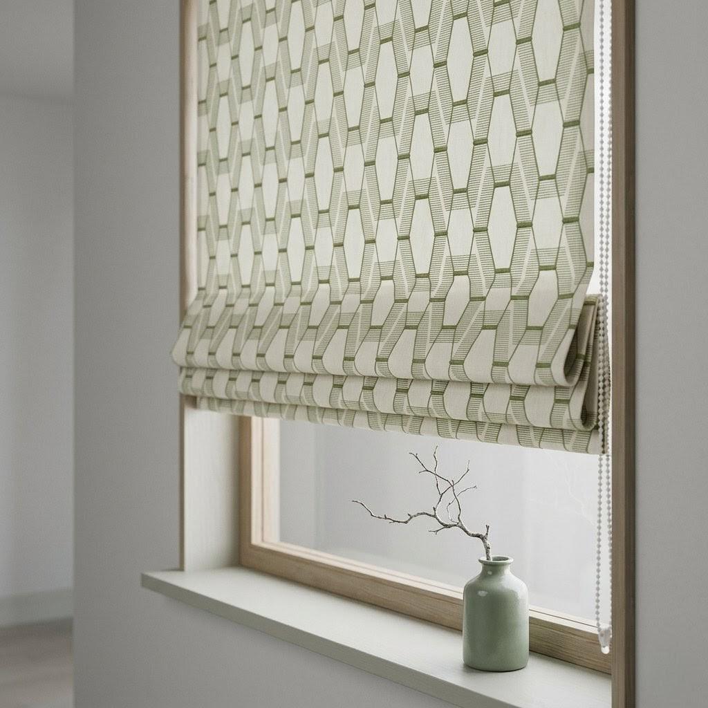 Sage Olive Green Geometric Embroidered Linen Roman Shade, Custom Corded Window Blind — image 6