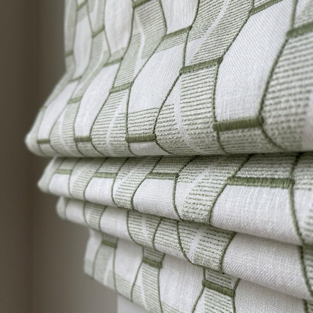 Sage Olive Green Geometric Embroidered Linen Roman Shade, Custom Corded Window Blind — image 7