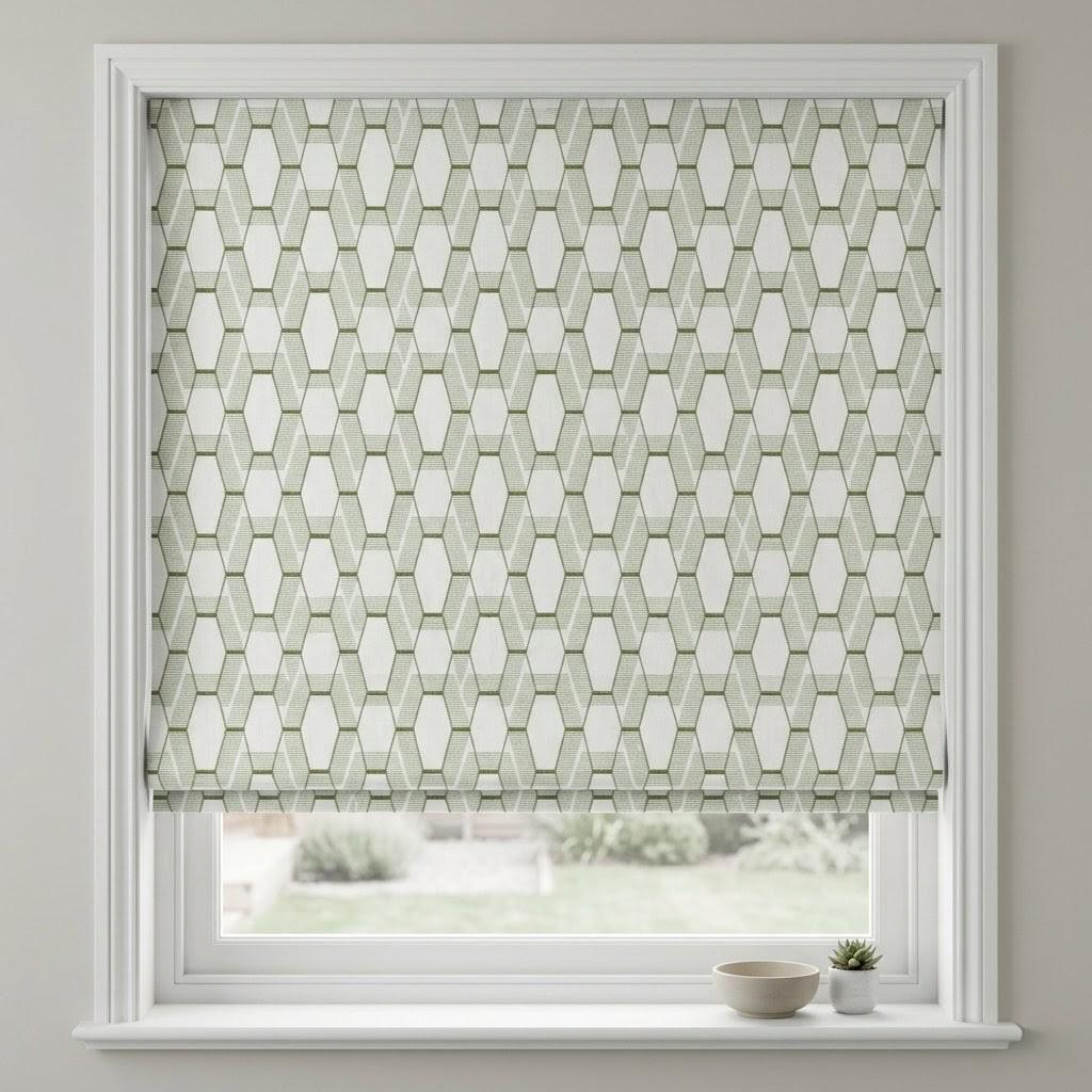Sage Olive Green Geometric Embroidered Linen Roman Shade, Custom Corded Window Blind — image 2