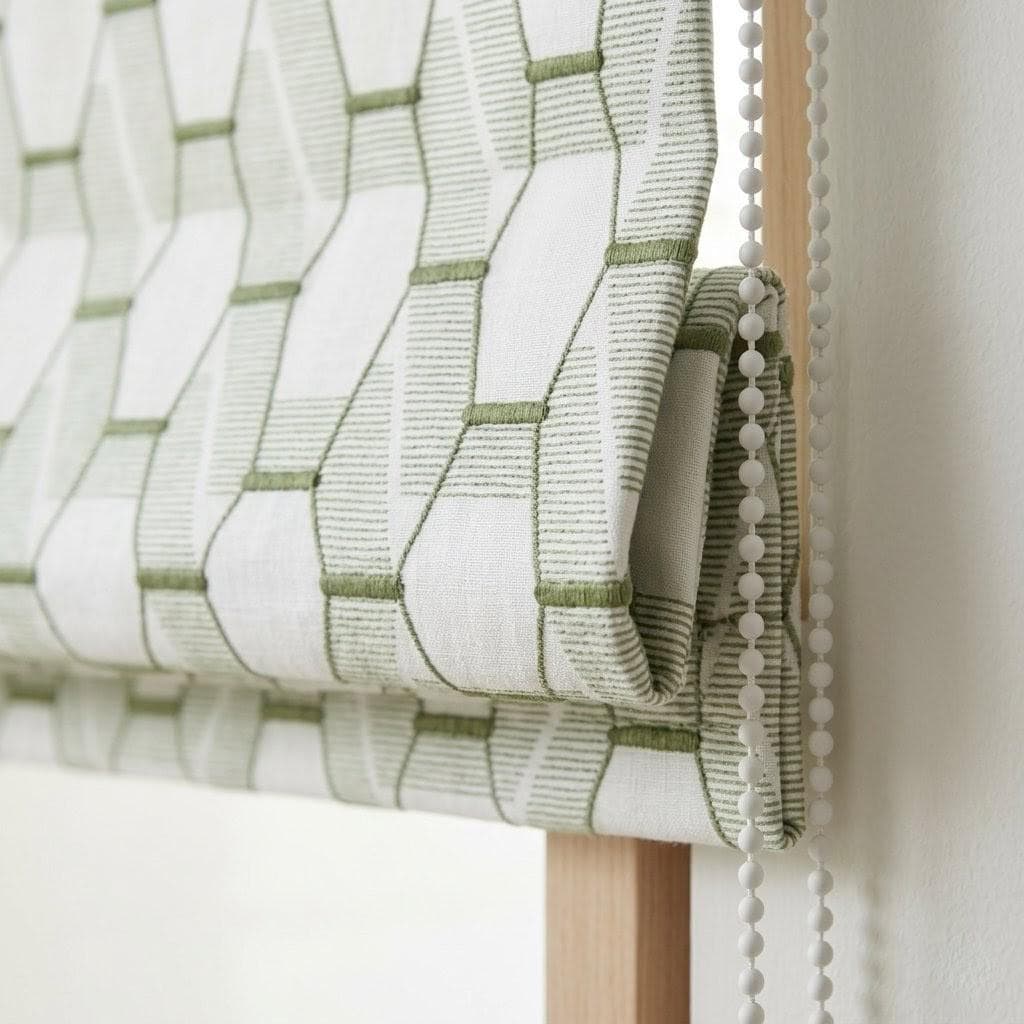 Sage Olive Green Geometric Embroidered Linen Roman Shade, Custom Corded Window Blind — image 1