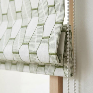 Sage Olive Green Geometric Embroidered Linen Roman Shade, Custom Corded Window Blind — image 1