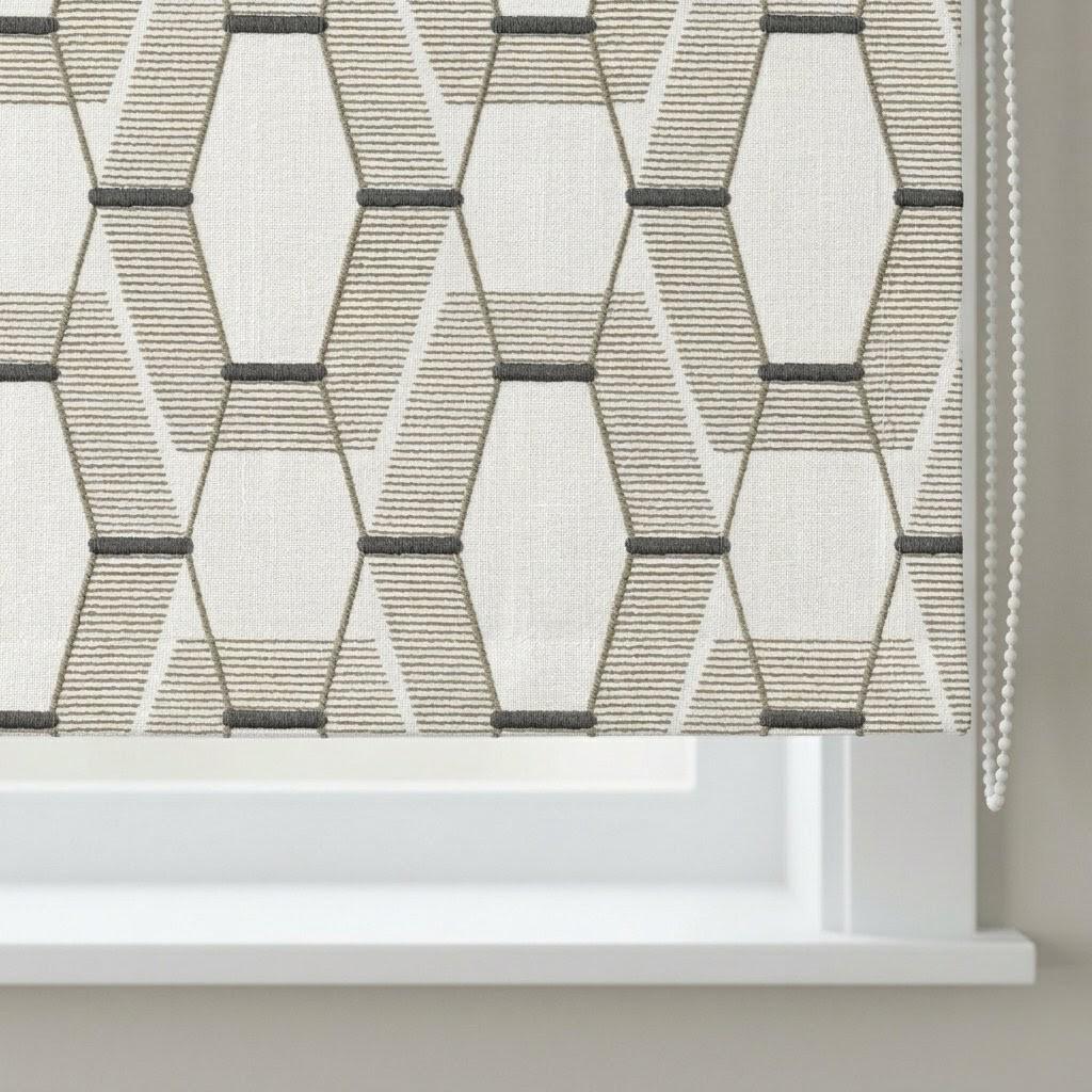 Embroidered Linen Roman Shade, Geometric Pattern, Ivory Taupe Charcoal, Custom Window Blind — image 1
