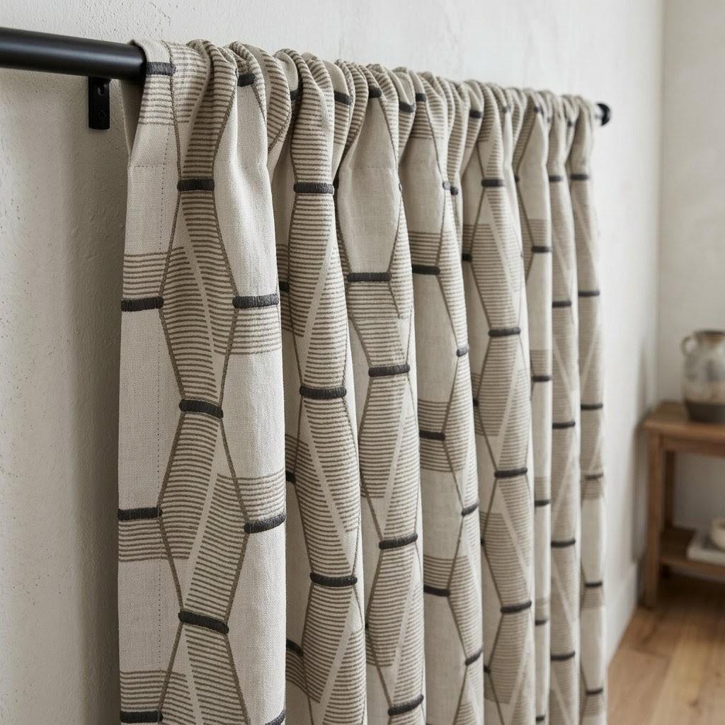 Ivory Linen Embroidered Curtains, Taupe & Charcoal Geometric Drapes, Neutral Custom Panels, Blackout Option — image 1