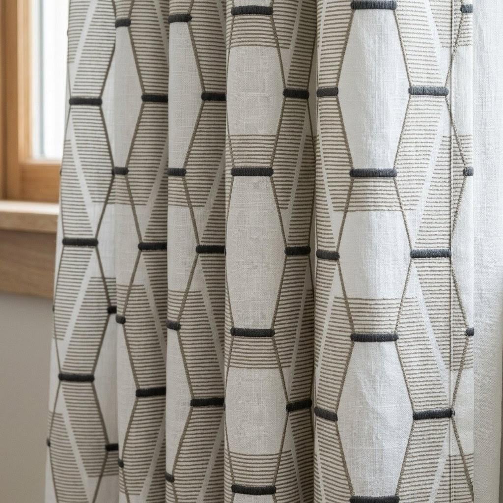 Ivory Linen Embroidered Curtains, Taupe & Charcoal Geometric Drapes, Neutral Custom Panels, Blackout Option — image 1