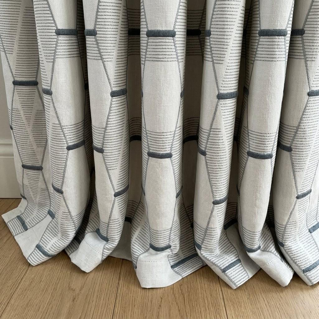 White Linen Geometric Embroidered Curtains, Grey Blue Drapes, Modern Neutral Panels — image 4