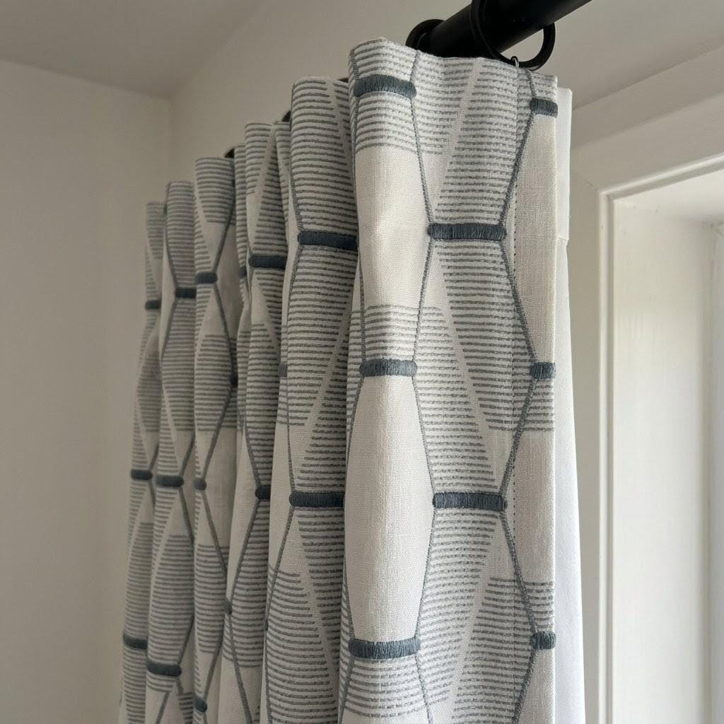 White Linen Geometric Embroidered Curtains, Grey Blue Drapes, Modern Neutral Panels — image 2