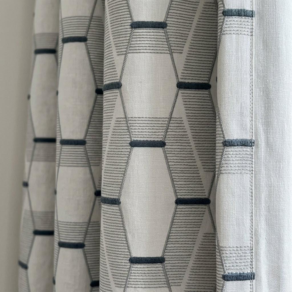 White Linen Geometric Embroidered Curtains, Grey Blue Drapes, Modern Neutral Panels — image 1
