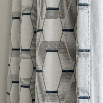 White Linen Geometric Embroidered Curtains, Grey Blue Drapes, Modern Neutral Panels — image 1