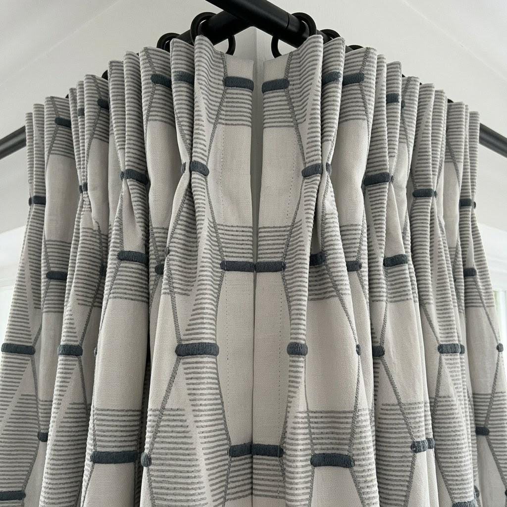 White Linen Geometric Embroidered Curtains, Grey Blue Drapes, Modern Neutral Panels — image 6