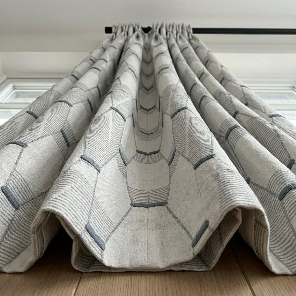 White Linen Geometric Embroidered Curtains, Grey Blue Drapes, Modern Neutral Panels — image 8