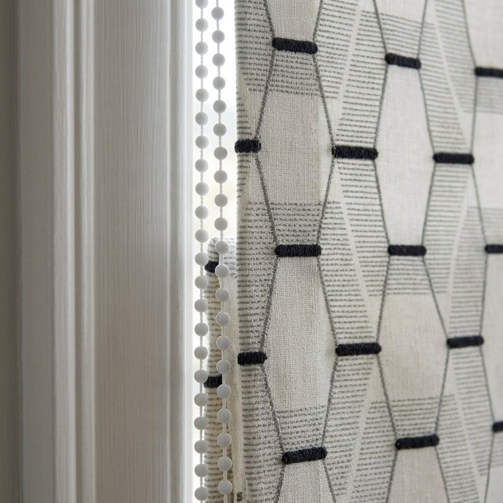 Embroidered Linen Roman Shade, Geometric Pattern, Ivory Blue Grey Custom Window Blind — image 4