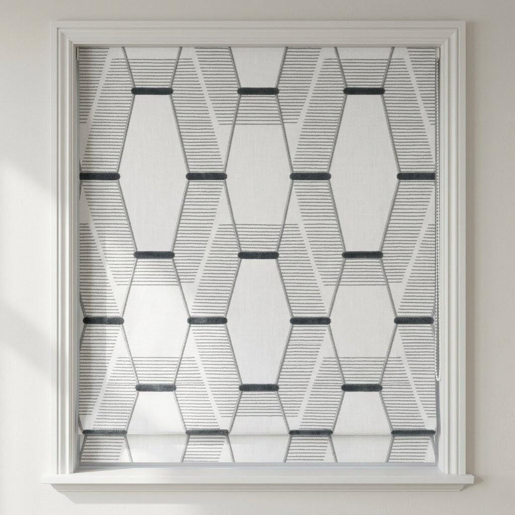 Embroidered Linen Roman Shade, Geometric Pattern, Ivory Blue Grey Custom Window Blind — image 2