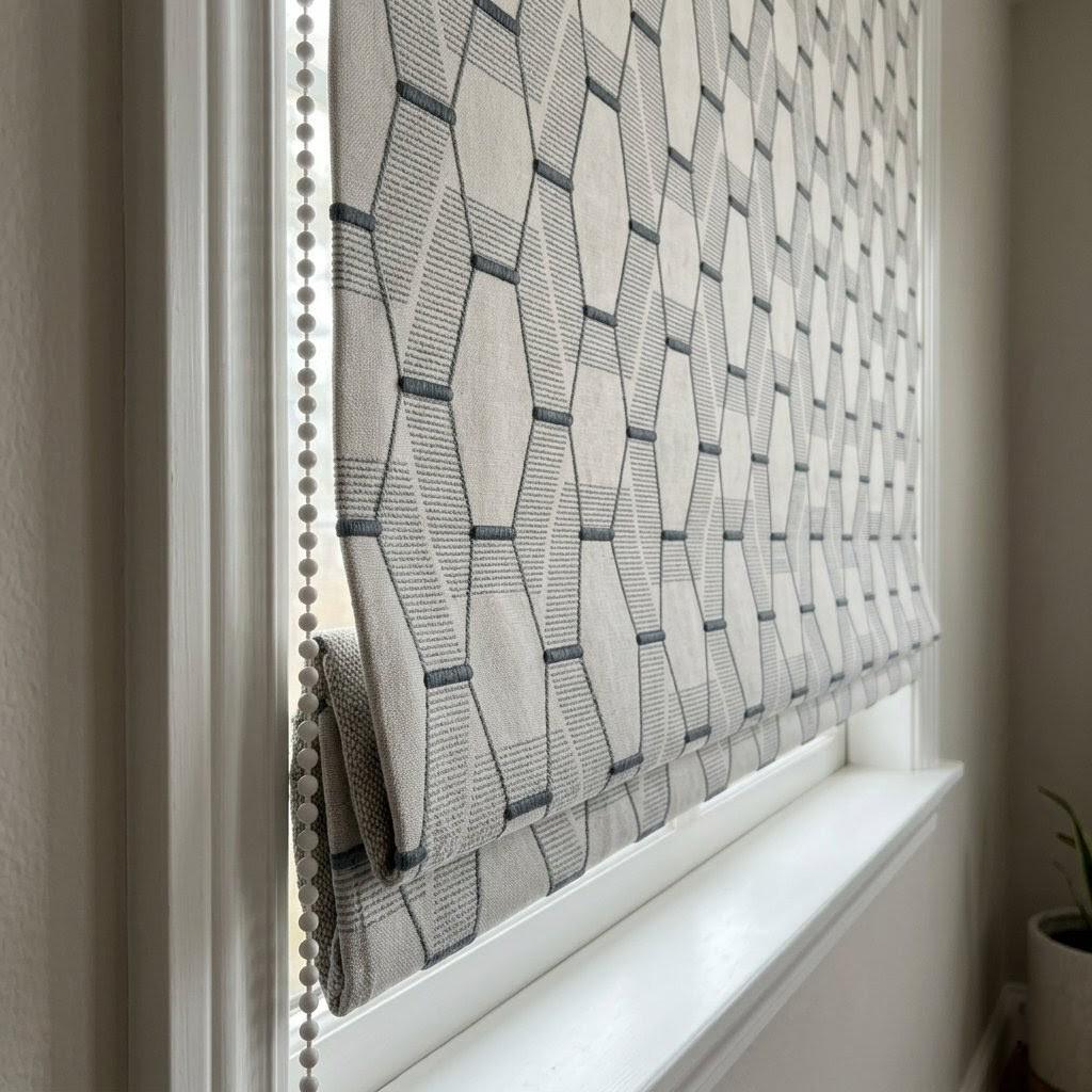 Embroidered Linen Roman Shade, Geometric Pattern, Ivory Blue Grey Custom Window Blind — image 3