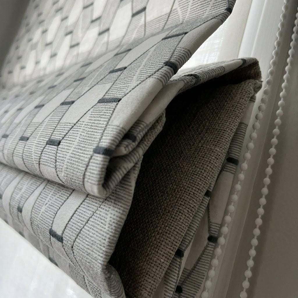 Embroidered Linen Roman Shade, Geometric Pattern, Ivory Blue Grey Custom Window Blind — image 6
